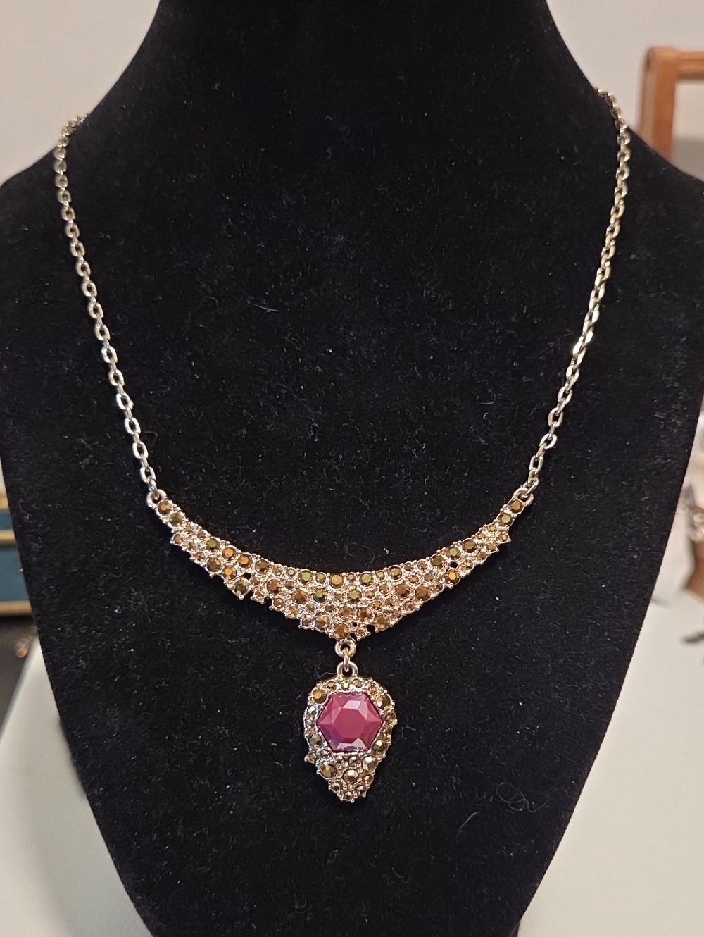 Vintage-Inspired Gold Necklace with Pink Gemstone Pendant By Jessica Simpson
